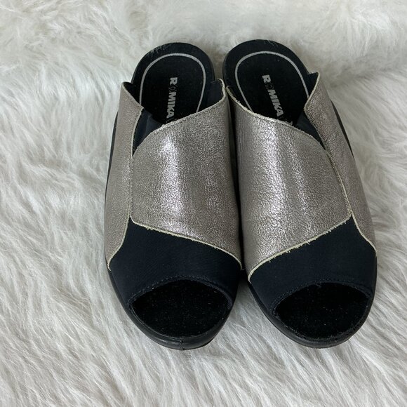 Romika Mokassetta 244 Metallic Silver & Black Peep Toe Mule Sandals 38 US 7-7/5 - Picture 2 of 7